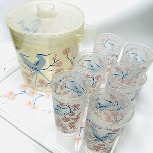 HJ Stotter VTG 87’ Acrylic Serving Tray, Ice Bucket, 6 Tumblers Birds & Cherry